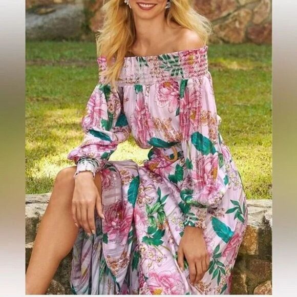 Boston Proper Floral Off Shoulder Belted Maxi Dress Pink Multicolor M - Picture 2 of 9